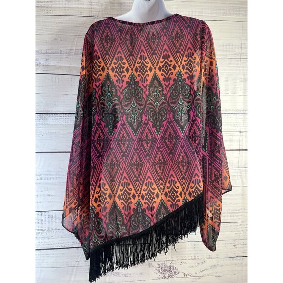 Ivy Jane Size S Boho Festival Fringe Kimono Bell Sleeve Asymetrical Sheer Blouse - Picture 7 of 12